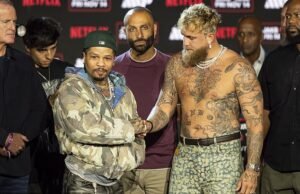 Dave Portnoy golpea a Jake Paul “ Clown Show ” de Jake Paul, mientras excede a Gervonta Davis durante el evento de lanzamiento de Nueva York
