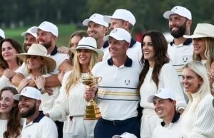 ¡El único bachillerato elegible del equipo de Europa! La estrella de la Copa Ryder Viktor Hovland corta una silueta solitaria (¡pero muy feliz!) Mientras los Wags se acumulan en las fotos de la celebración