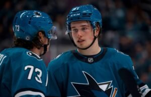 Macklin Celebini de San Jose Sharks para jugar contra Utah Mammoth