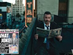 Jimmy Kimmel lee la portada del New York Post sobre él mismo para la sesión de fotos de Vanity Fair
