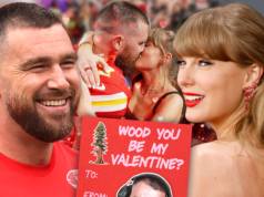 La cuenta de podcast de Travis Kelce publica una tarjeta del Día de San Valentín que hace referencia a “Wood” de Taylor Swift
