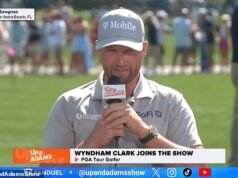 Estrella del golf criticada por ‘hacer su tiro’ con Kay Adams en televisión en vivo después de una extraña analogía con la ‘novia de una semana’