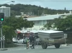 Momento viral: un ciclista en bicicleta de Lime arrastra un bote con colchones a través de Gold Coast, pero la historia detrás de esto enfurece a los lugareños