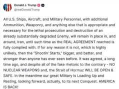 Trump advierte sobre ataques “más grandes, mejores y más fuertes” a menos que se llegue a un “acuerdo real” y dice que las tropas permanecerán en sus puestos hasta que se acabe el tiempo para llegar a un acuerdo.