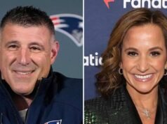 Mike Vrabel y Dianna Russini de los Patriots reaccionan a las fotos del hotel