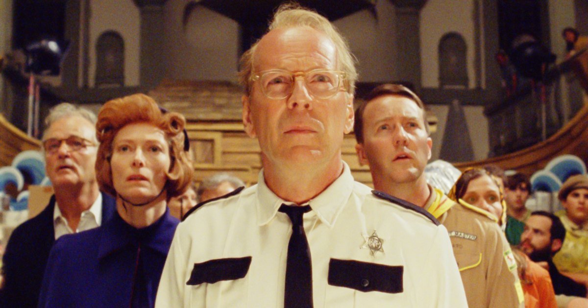 Bill Murray, Tilda Swinton, Bruce Willis, Edward Norton y Frances McDormand en Moonrise Kingdom
