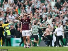 El héroe de los Socceroos, Cameron Devlin, y sus compañeros del Hearts huyen a un lugar seguro en ‘escenas vergonzosas’ mientras los fanáticos ‘amenazantes’ invaden el campo