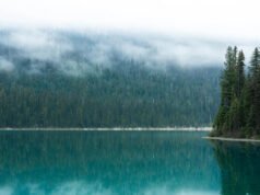 El lago cristalino de Canadá en la Columbia Británica es un paraíso montañoso apartado perfecto para nadar